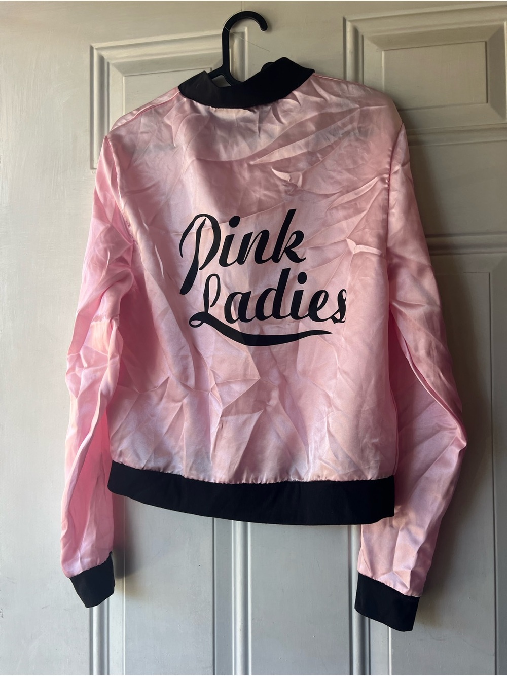 Pink Kids' Satin Varsity Jacket with Black Trim - Pink Ladies Graphic